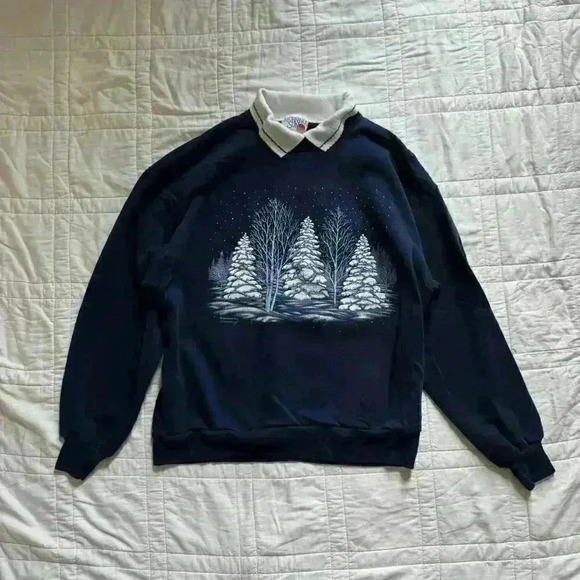 Vintage navy blue winter graphic scalloped collar snowy women’s large grannycore - Picture 1 of 8